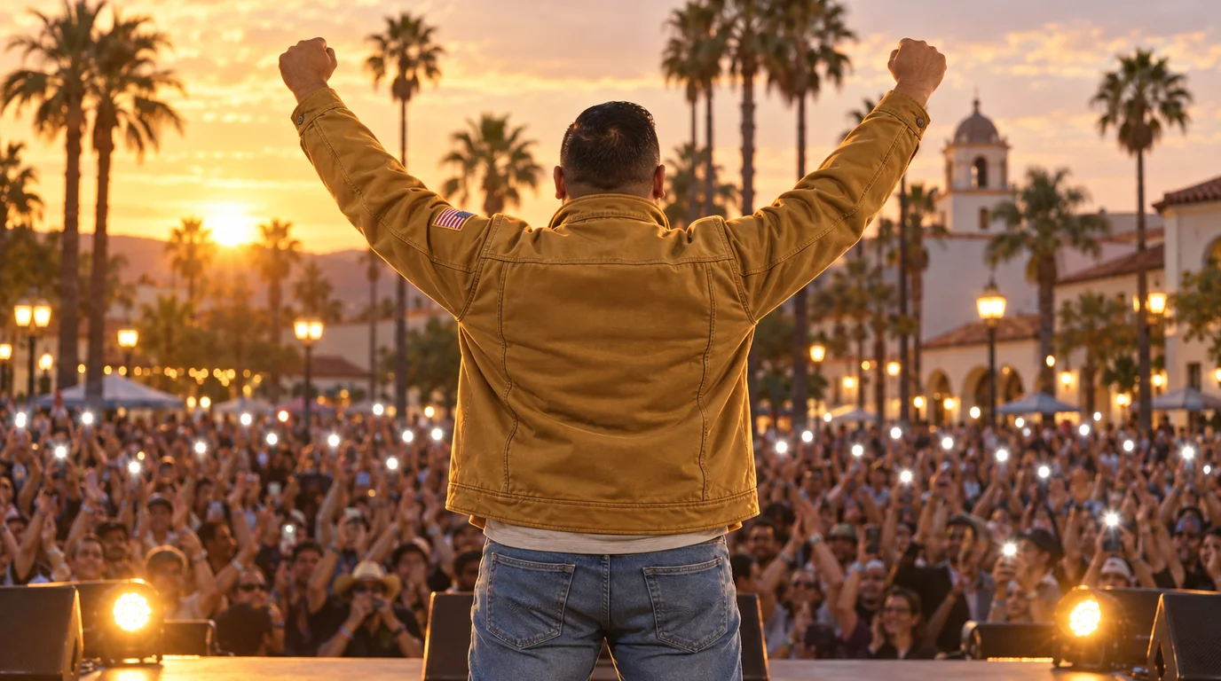 Seen from behind, a man in a tan canvas work jacket and jeans raises both fists on an outdoor stage as a crowd cheers at sunset