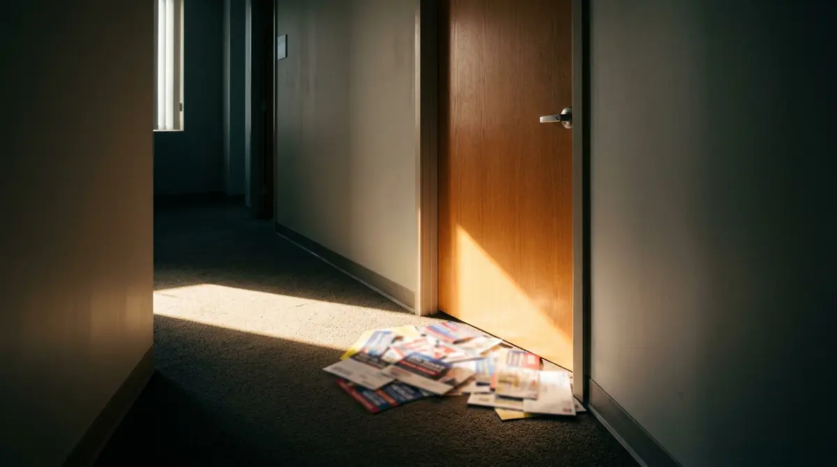 A beam of light falling on mailers outside a closed office door